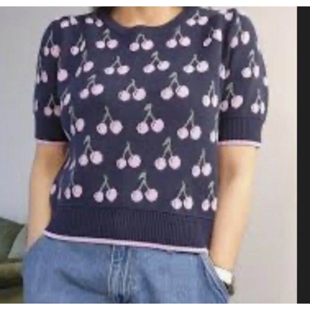 On 34th Fun Cherry Sweater Navy & Lavender Jacquard Knit Elbow Sleeve Sz 2X - Picture 13 of 13